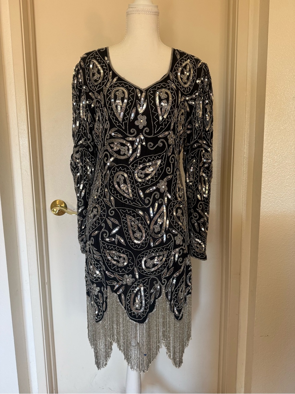 Vintage 80s Imperial Handicrafts Silk Beaded Sequin Dress Flapper Fringe Gatsby